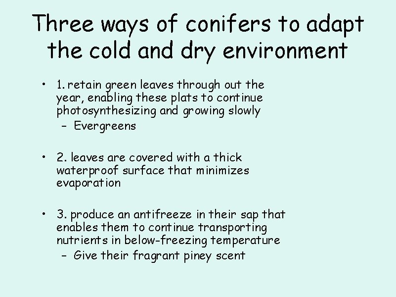 Three ways of conifers to adapt the cold and dry environment • 1. retain