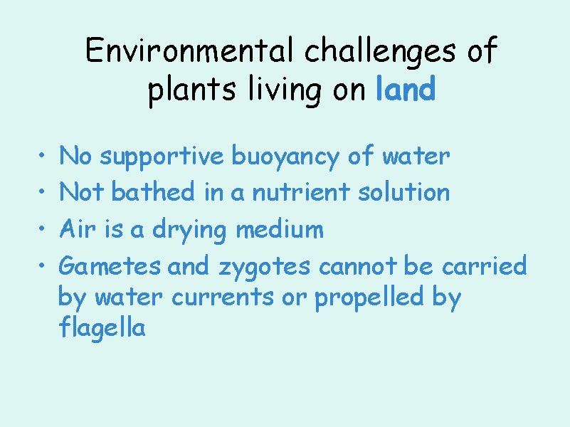 Environmental challenges of plants living on land • • No supportive buoyancy of water