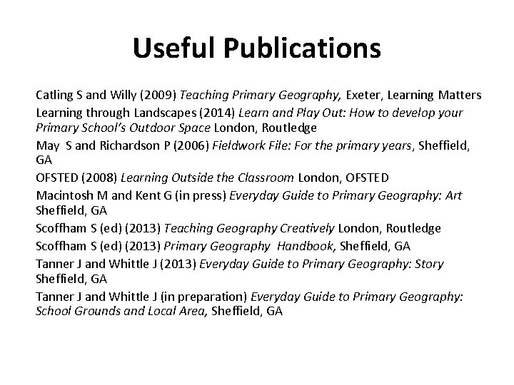 Useful Publications Catling S and Willy (2009) Teaching Primary Geography, Exeter, Learning Matters Learning