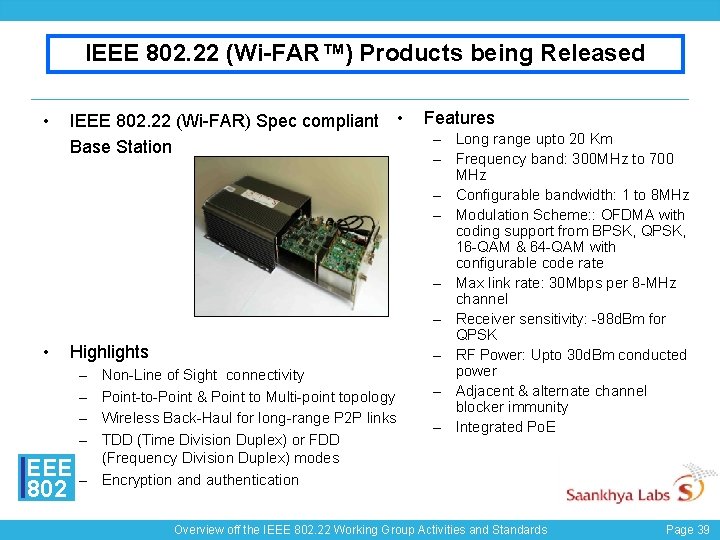 IEEE 802. 22 (Wi-FAR™) Products being Released • IEEE 802. 22 (Wi-FAR) Spec compliant