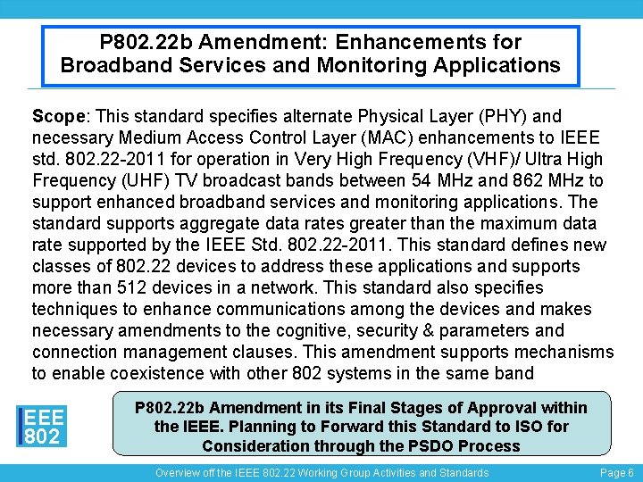 P 802. 22 b Amendment: Enhancements for Broadband Services and Monitoring Applications Scope: This