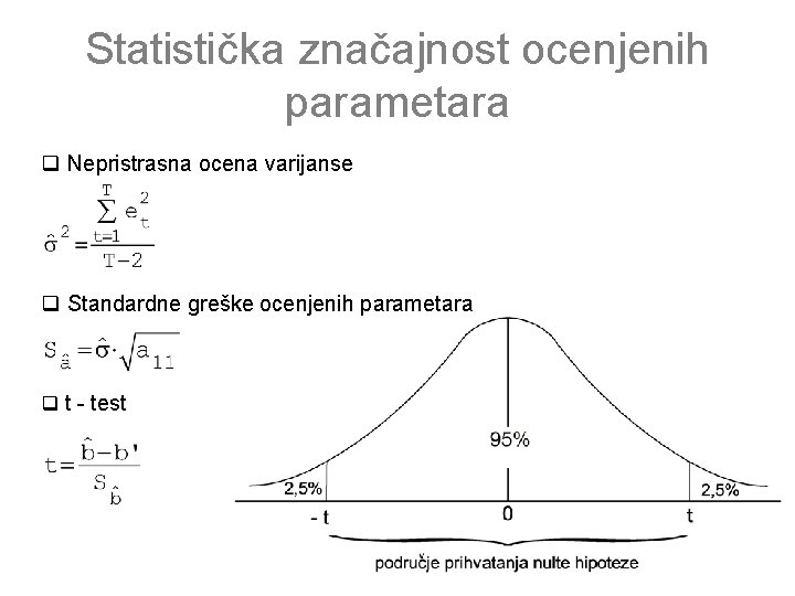 Statistička značajnost ocenjenih parametara q Nepristrasna ocena varijanse q Standardne greške ocenjenih parametara q