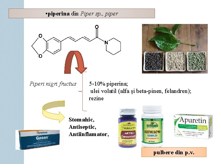  • piperina din Piper sp. , piper Piperi nigri fructus 5 -10% piperina;