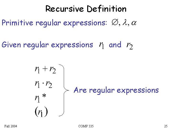 Recursive Definition Primitive regular expressions: Given regular expressions and Are regular expressions Fall 2004