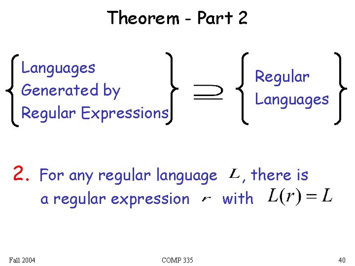 Theorem - Part 2 Languages Generated by Regular Expressions 2. For any regular language