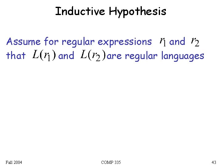 Inductive Hypothesis Assume for regular expressions and that and are regular languages Fall 2004