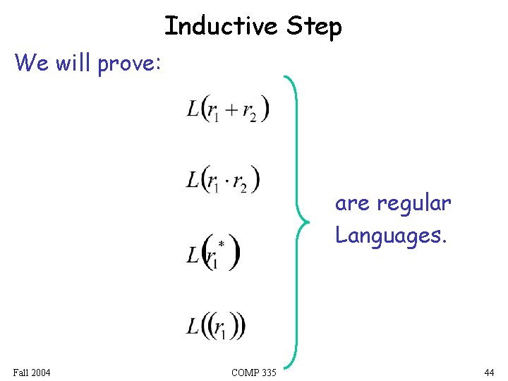 Inductive Step We will prove: are regular Languages. Fall 2004 COMP 335 44 
