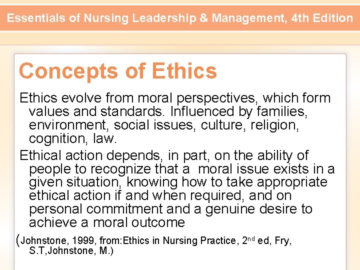 Essentials of Nursing Leadership & Management, 4 th Edition Concepts of Ethics evolve from