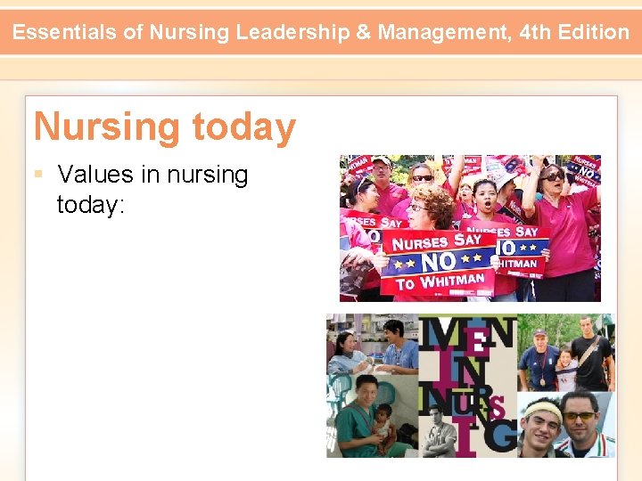 Essentials of Nursing Leadership & Management, 4 th Edition Nursing today § Values in