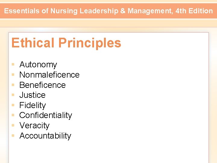 Essentials of Nursing Leadership & Management, 4 th Edition Ethical Principles § § §