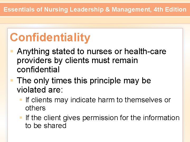 Essentials of Nursing Leadership & Management, 4 th Edition Confidentiality § Anything stated to