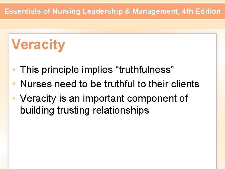 Essentials of Nursing Leadership & Management, 4 th Edition Veracity § This principle implies