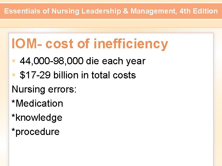 Essentials of Nursing Leadership & Management, 4 th Edition IOM- cost of inefficiency §