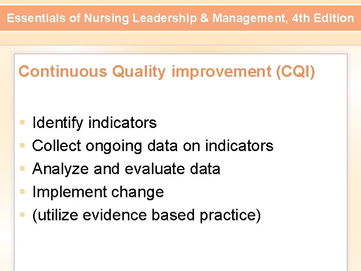 Essentials of Nursing Leadership & Management, 4 th Edition Continuous Quality improvement (CQI) §