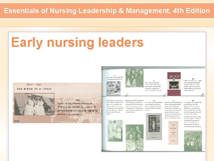 Essentials of Nursing Leadership & Management, 4 th Edition Early nursing leaders 