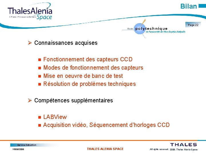 Bilan Page 22 Ø Connaissances acquises Fonctionnement des capteurs CCD Modes de fonctionnement des