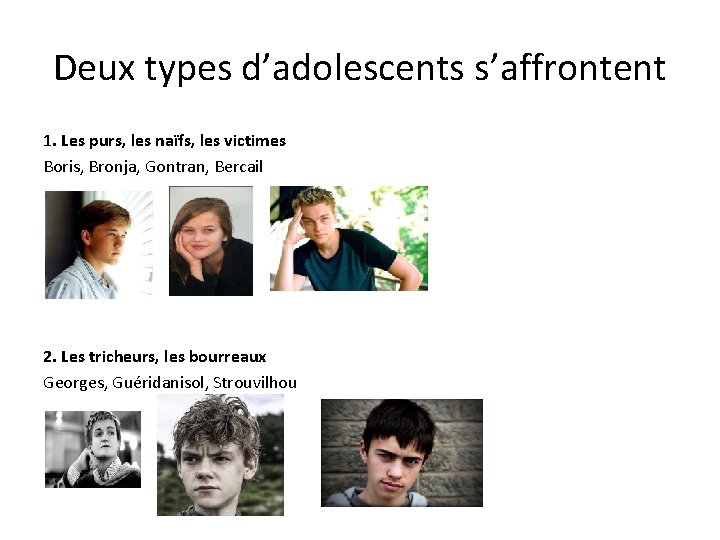 Deux types d’adolescents s’affrontent 1. Les purs, les naïfs, les victimes Boris, Bronja, Gontran, Deux types d’adolescents s’affrontent 1. Les purs, les naïfs, les victimes Boris, Bronja, Gontran,