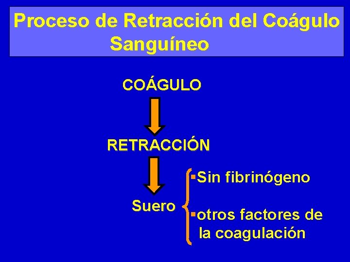 Proceso de Retracción del Coágulo Sanguíneo COÁGULO RETRACCIÓN §Sin fibrinógeno Suero §otros factores de