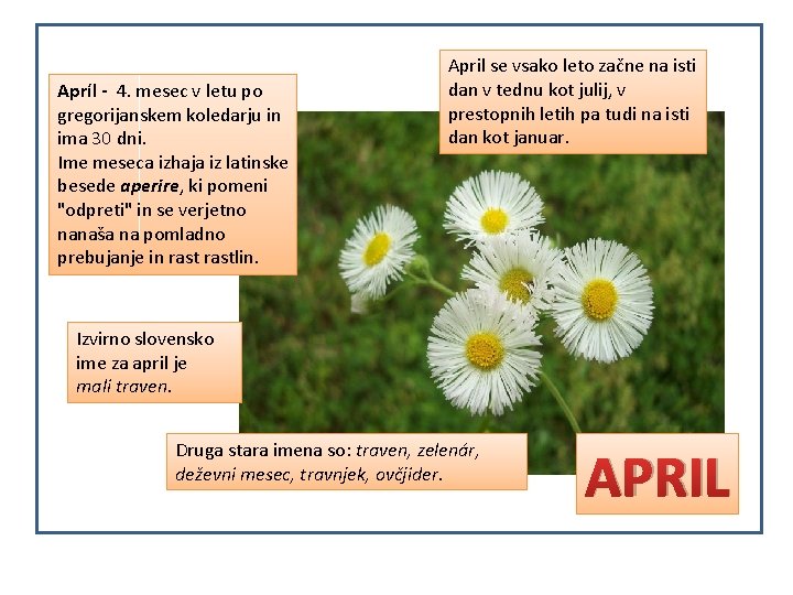 Apríl - 4. mesec v letu po gregorijanskem koledarju in ima 30 dni. Ime