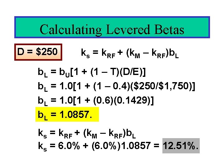 Calculating Levered Betas D = $250 ks = k. RF + (k. M – Calculating Levered Betas D = $250 ks = k. RF + (k. M –