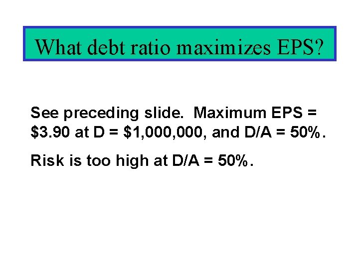 What debt ratio maximizes EPS? See preceding slide. Maximum EPS = $3. 90 at What debt ratio maximizes EPS? See preceding slide. Maximum EPS = $3. 90 at