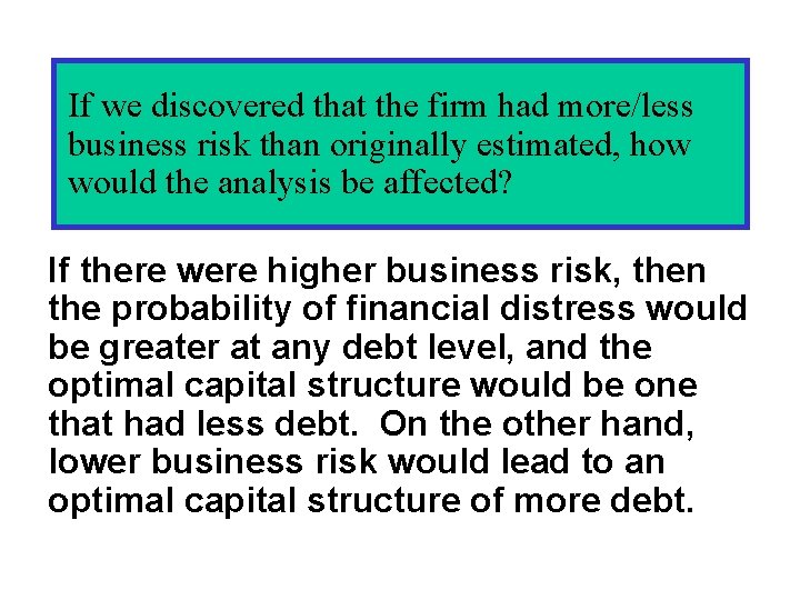 If we discovered that the firm had more/less business risk than originally estimated, how If we discovered that the firm had more/less business risk than originally estimated, how