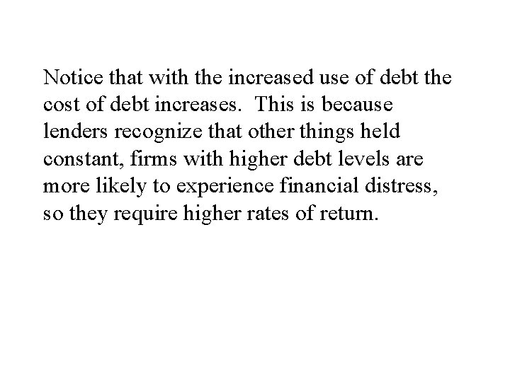 Notice that with the increased use of debt the cost of debt increases. This Notice that with the increased use of debt the cost of debt increases. This