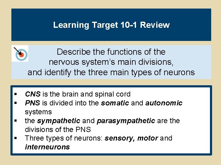 Learning Target 10 -1 Review Describe the functions of the nervous system’s main divisions,