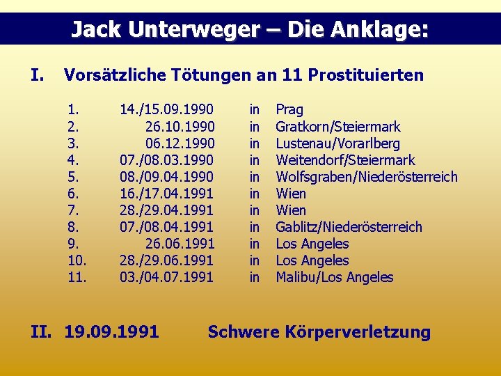 Jack Unterweger – Die Anklage: I. Vorsätzliche Tötungen an 11 Prostituierten 1. 2. 3.