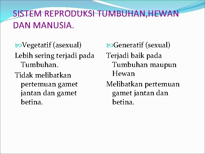 SISTEM REPRODUKSI TUMBUHAN, HEWAN DAN MANUSIA. Vegetatif (asexual) Lebih sering terjadi pada Tumbuhan. Tidak