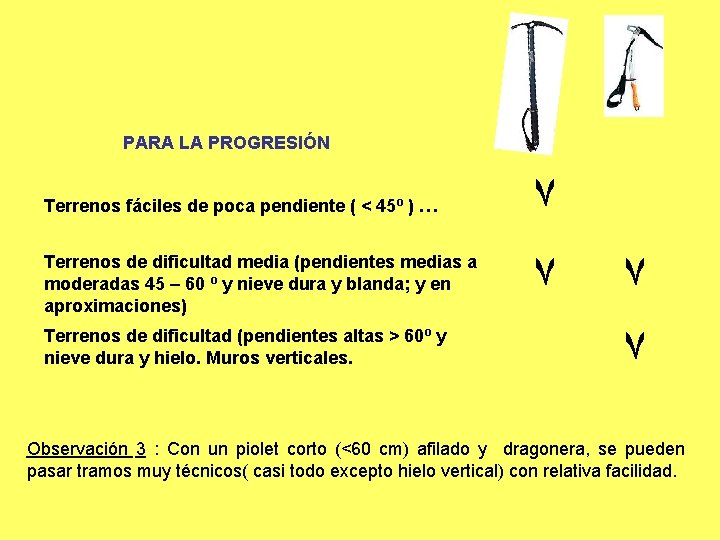 PARA LA PROGRESIÓN Terrenos fáciles de poca pendiente ( < 45º ) … Terrenos