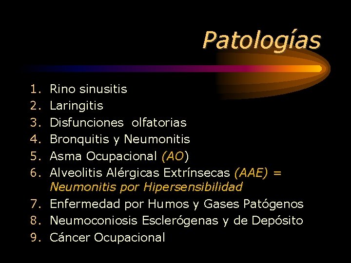 Patologías 1. 2. 3. 4. 5. 6. Rino sinusitis Laringitis Disfunciones olfatorias Bronquitis y