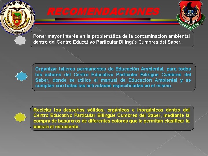 RECOMENDACIONES Poner mayor interés en la problemática de la contaminación ambiental dentro del Centro