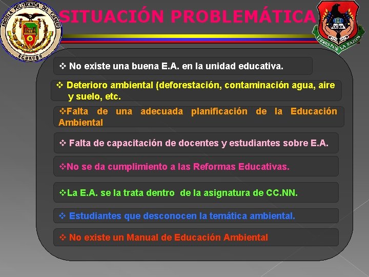 SITUACIÓN PROBLEMÁTICA v No existe una buena E. A. en la unidad educativa. v