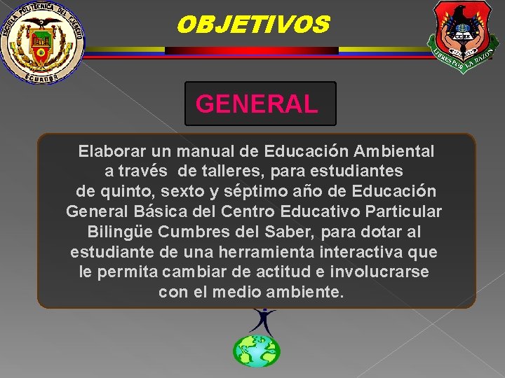 OBJETIVOS GENERAL Elaborar un manual de Educación Ambiental a través de talleres, para estudiantes