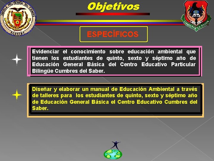 Objetivos ESPECÍFICOS Evidenciar el conocimiento sobre educación ambiental que tienen los estudiantes de quinto,