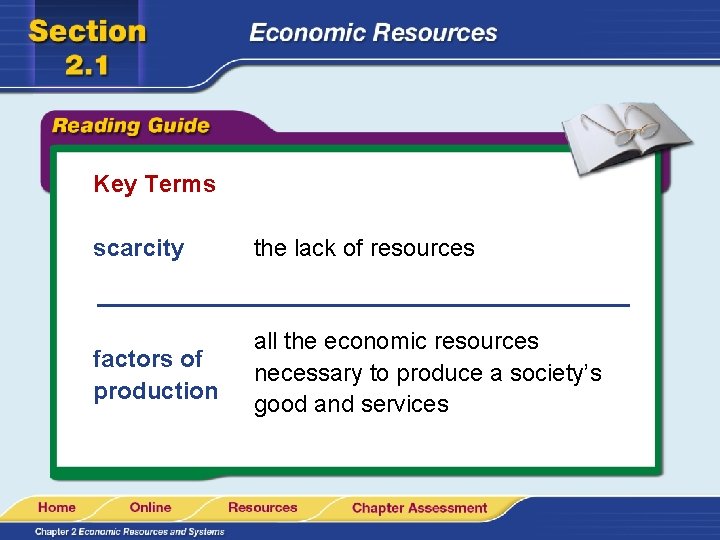 Key Terms scarcity the lack of resources factors of production all the economic resources