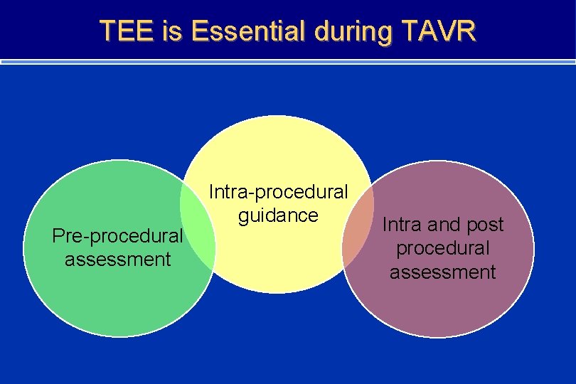 TEE is Essential during TAVR Pre-procedural assessment Intra-procedural guidance Intra and post procedural assessment