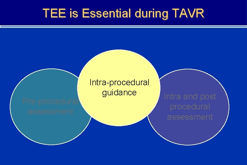 TEE is Essential during TAVR Pre-procedural assessment Intra-procedural guidance Intra and post procedural assessment