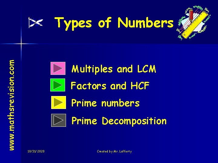 www. mathsrevision. com Types of Numbers Multiples and LCM Factors and HCF Prime numbers