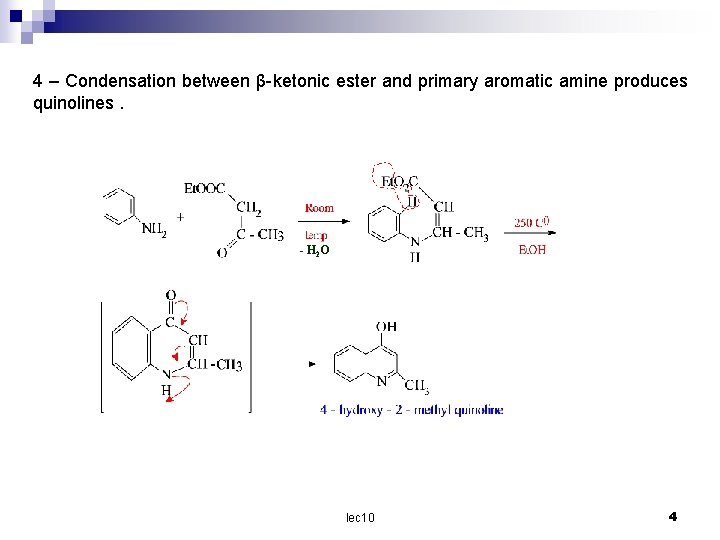 4 – Condensation between β ketonic ester and primary aromatic amine produces quinolines. -