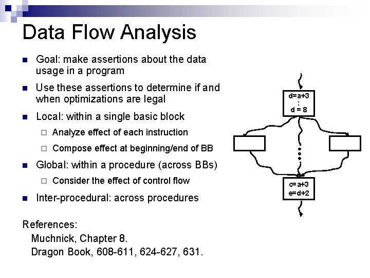 Data Flow Analysis n Goal: make assertions about the data usage in a program