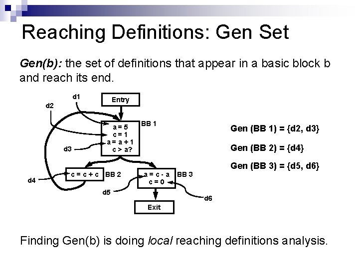 Reaching Definitions: Gen Set Gen(b): the set of definitions that appear in a basic