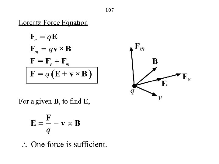 107 Lorentz Force Equation For a given B, to find E, 