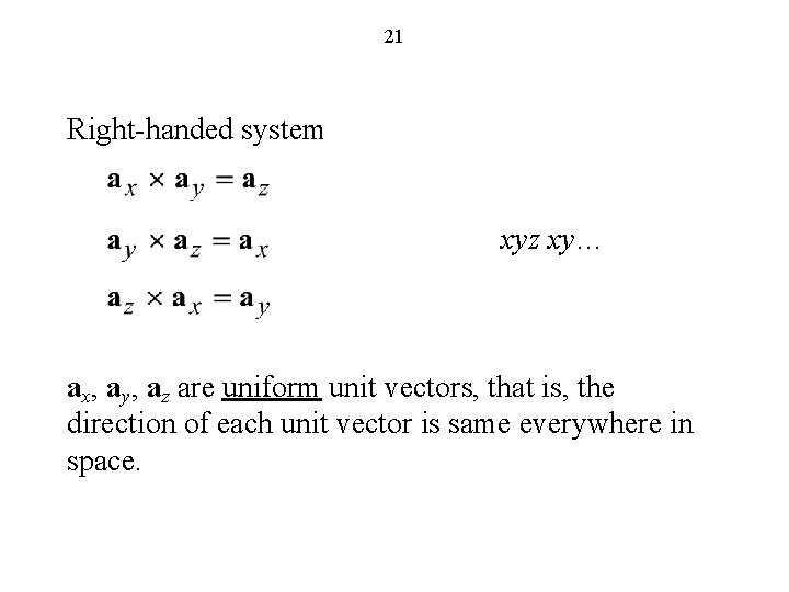21 Right-handed system xyz xy… ax, ay, az are uniform unit vectors, that is,