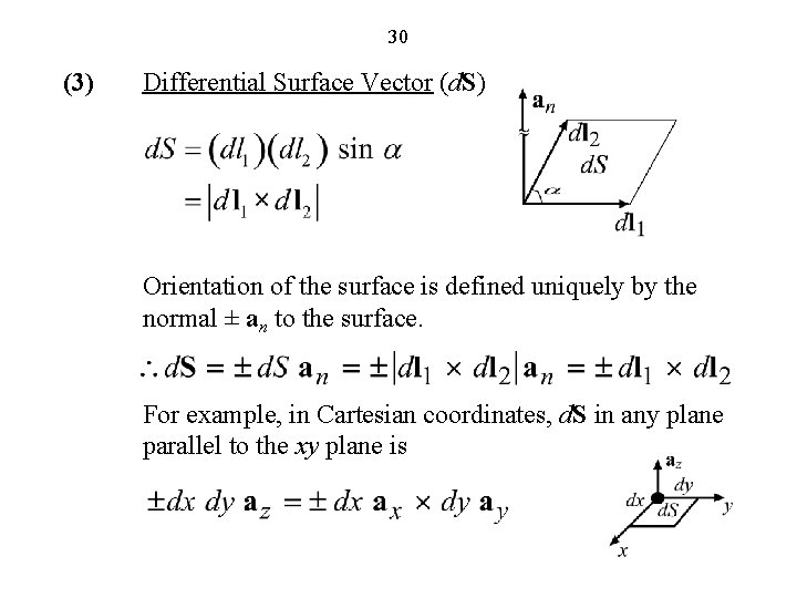 30 (3) Differential Surface Vector (d. S) Orientation of the surface is defined uniquely