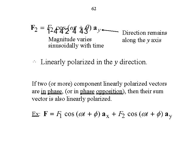 62 Magnitude varies sinusoidally with time Direction remains along the y axis Linearly polarized