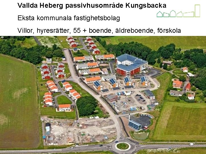 Vallda Heberg passivhusområde Kungsbacka Eksta kommunala fastighetsbolag Villor, hyresrätter, 55 + boende, äldreboende, förskola