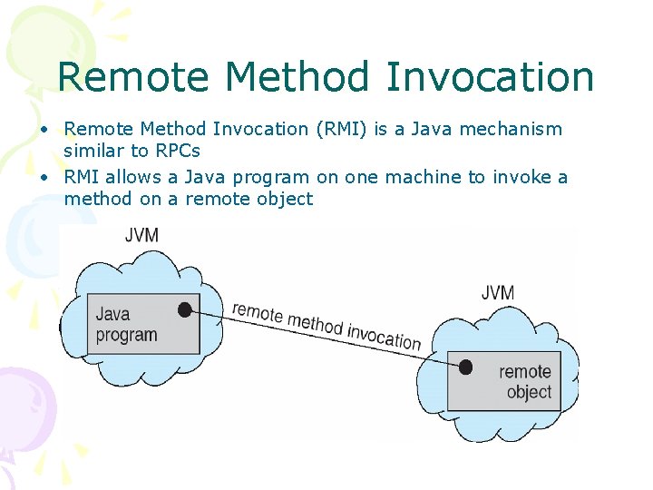 Remote Method Invocation • Remote Method Invocation (RMI) is a Java mechanism similar to