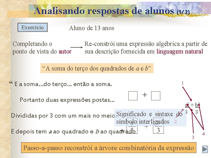 Analisando respostas de alunos (1/ 2) Exercício Aluno de 13 anos Completando o ponto